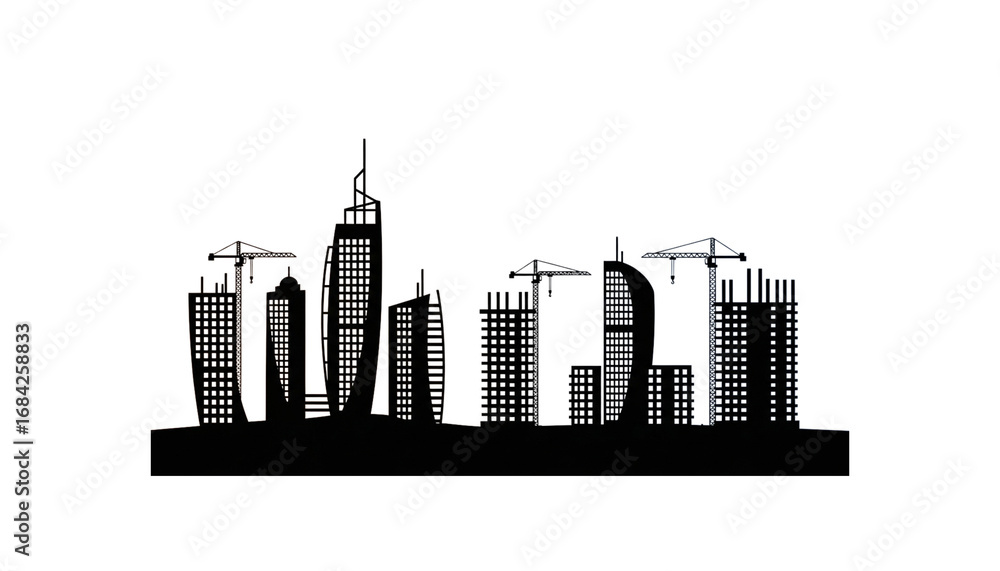 Fototapeta premium Modern Cityscape Skyline Outline with Construction Cranes and Towering Buildings Against Black Background Representing Urban Development and Architectural Design