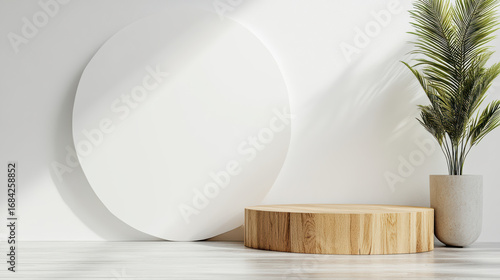 Wallpaper Mural Minimalist design with circular white backdrop and wooden platform Torontodigital.ca
