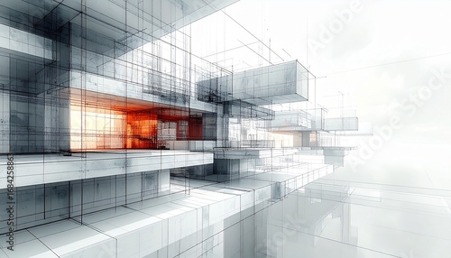 Surreal Fantasy Architectural Draft with Transparent Blueprint Layers, Futuristic Building Concept, Abstract 3D Design