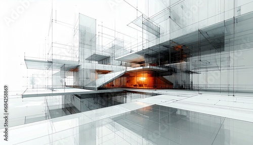 Surreal Fantasy Architectural Draft with Transparent Blueprint Layers, Futuristic Building Concept, Abstract 3D Design