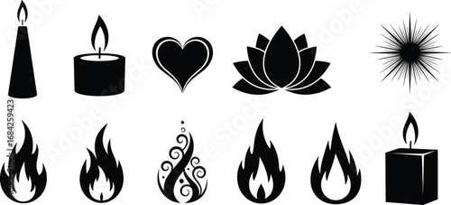 Vector illustration of candles, flames, heart, lotus, spiritual symbols, decorative fire, light icons, meditation, relaxation, and abstract black silhouettes.