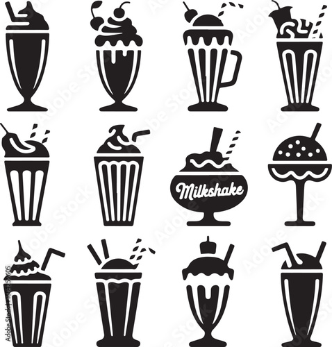 Assortment of sweet milkshake and dessert drink icons drinks beverage