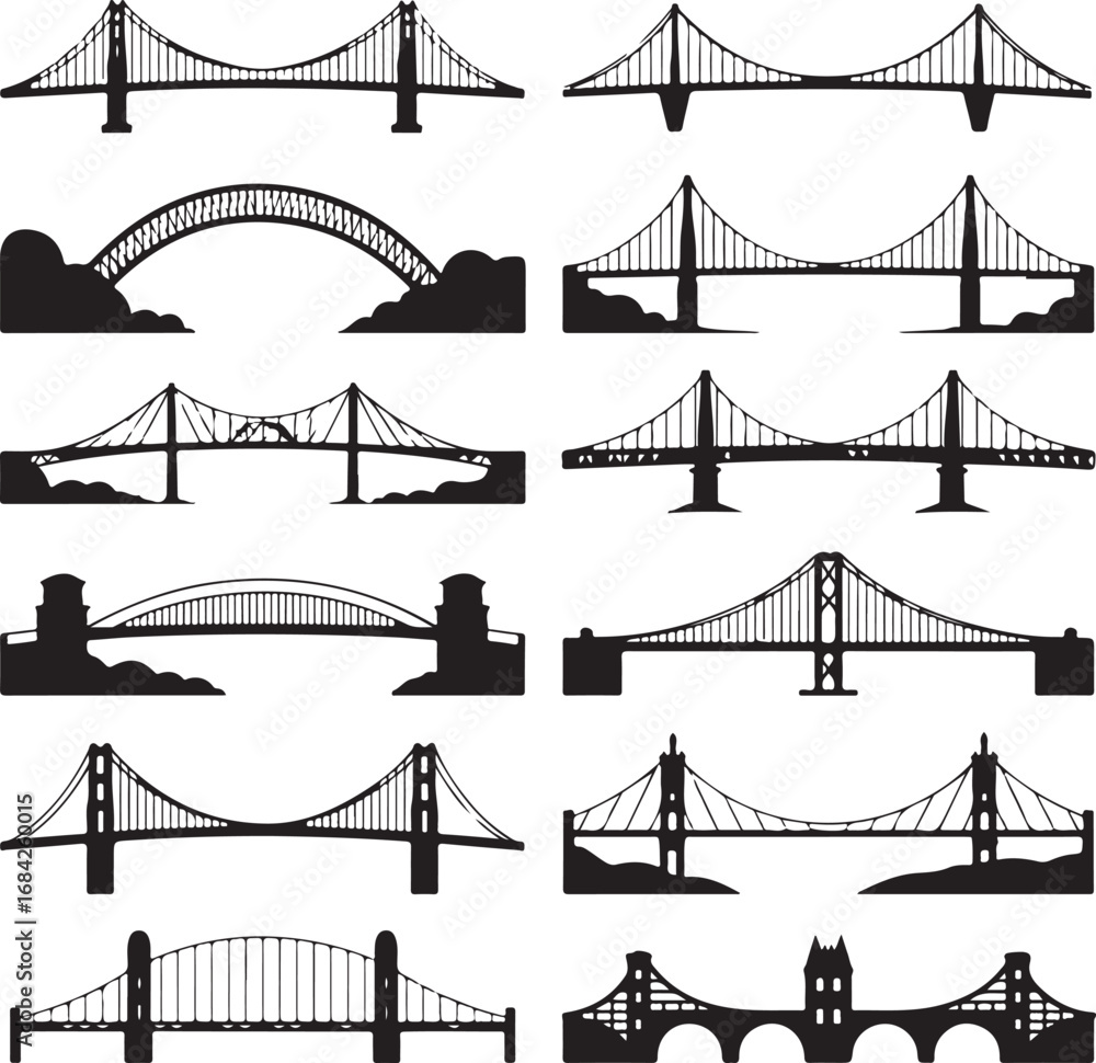 Obraz premium Assortment of black and white suspension and arch bridge silhouettes Keywords: suspension bridge