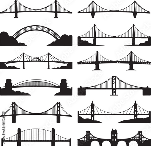 Assortment of black and white suspension and arch bridge silhouettes Keywords: suspension bridge