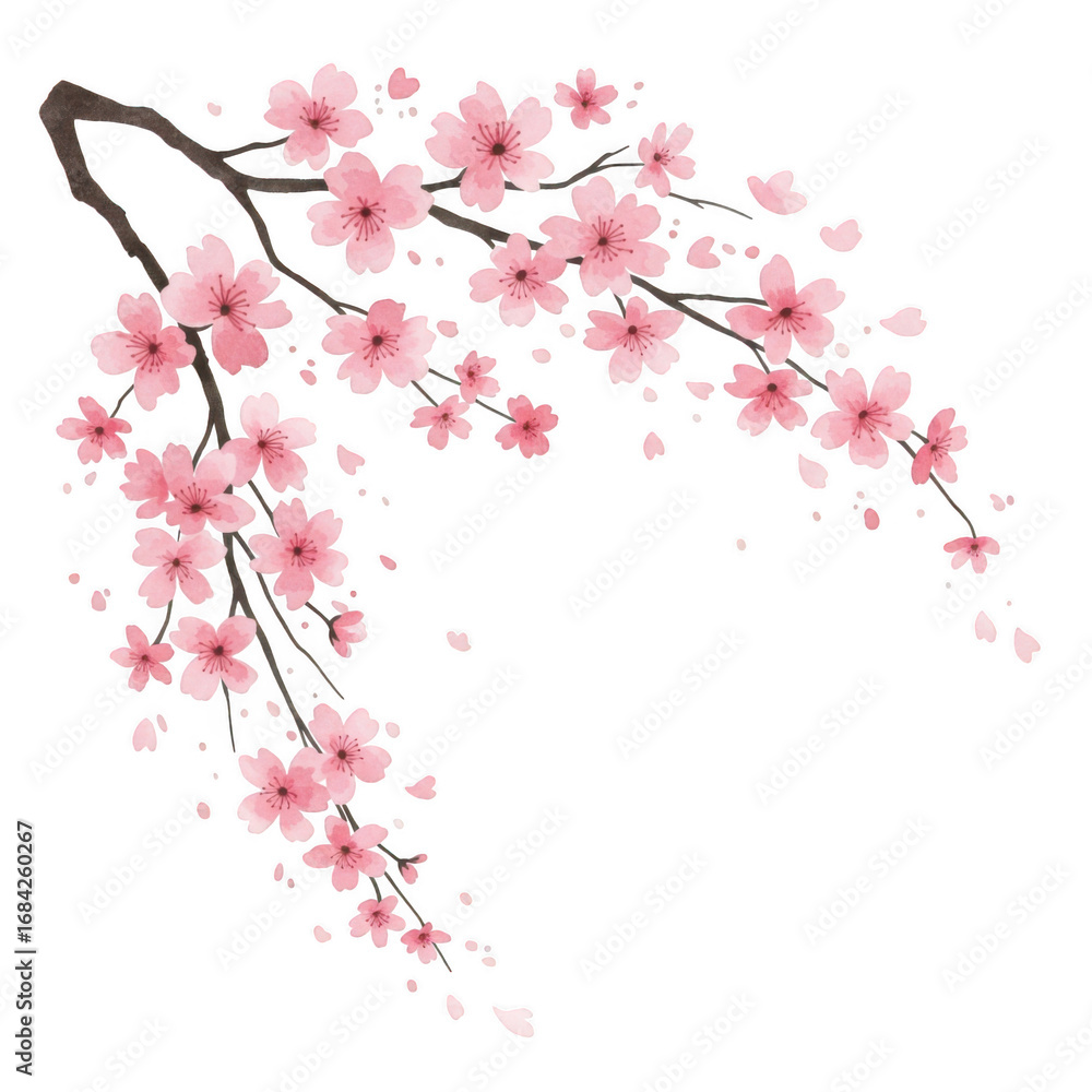 Fototapeta premium Delicate pink cherry blossoms branch falling petals beautiful spring nature floral design transparent background