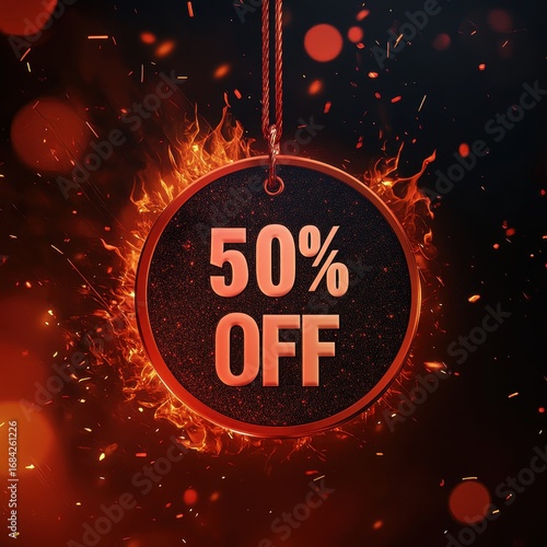 Fiery promotional mockup with 50% off discount tag — hot sale banner template