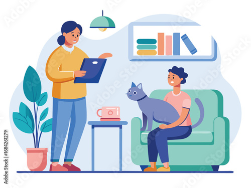 Cozy home scene person with laptop interacting with another person holding a cat