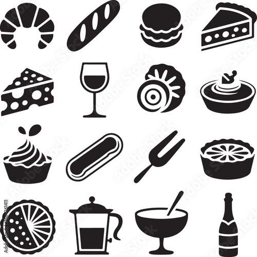 Bakery and Pastry Icons Croissant Bread Macaron Cake and Wine baguette