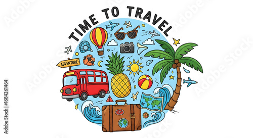Whimsical Round Travel Collage Illustration Featuring Suitcase, Surfboard, Palm Trees, Camera and Travel Icons with “Time to Travel” Header