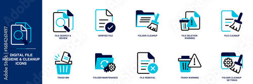 Digital File Hygiene & Cleanup Blue Colored Outline Icon Set