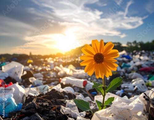 Dramatic photo of flowers growing among plastic waste - protect the environment - save the earth