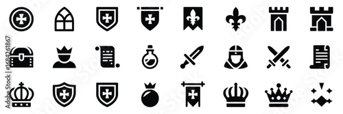 Medieval Fantasy Icon Set – Black Line Icons for Heraldry, Castles, Alchemy, and Royal Warfare