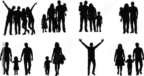 Vector silhouettes of diverse happy families with parents and children walking, standing, and celebrating together isolated on white background.