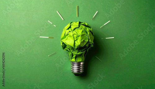 Crumpled green lightbulb on green background
