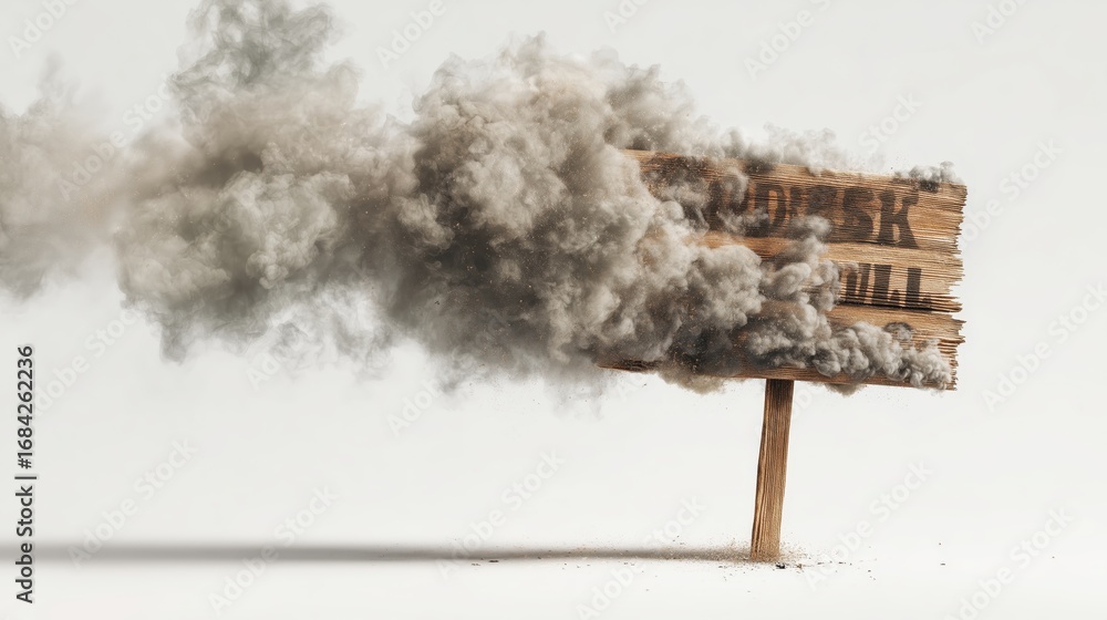 Naklejka premium Burning wooden sign with smoke and dust isolated on a white background