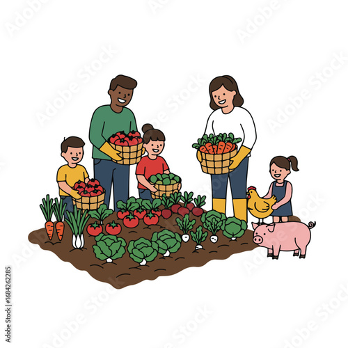 A family harvests vegetables from a garden with a pig and chicken nearby