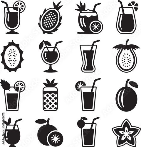 Collection of tropical fruit drinks and exotic fruits in silhouette style Keywords: tropical