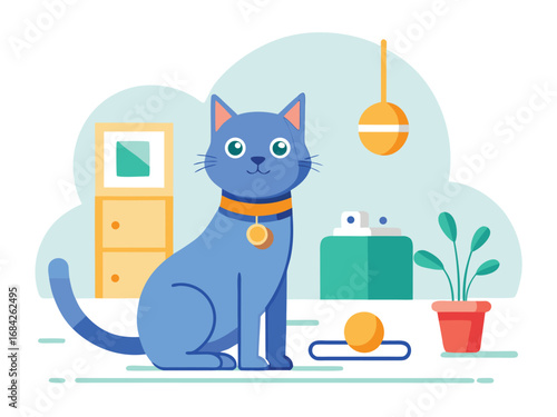 Charming blue cat sits in a cozy room with modern decor and plant