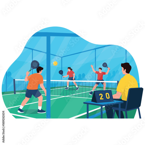 Padel Sport Illustration. Vector illustration of Mixed doubles compete on a glass walled indoor padel court while an umpire tracks the score. Isolated on background