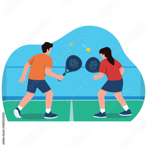 Padel Sport Illustration. Vector illustration of Two players practice quick reaction rallies, striking balls against the wall on an indoor padel court. Isolated on background