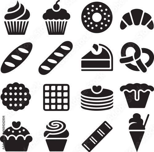 Assortment of baked goods and desserts in silhouette style for a bakery Keywords: bakery
