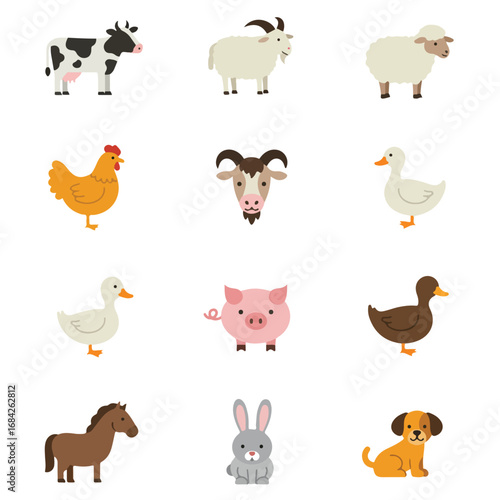 A grid of 9 cartoon farm animals