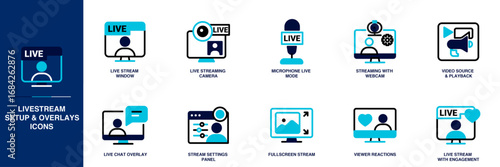 Livestream Setup & Overlays Blue Colored Outline Icon Set