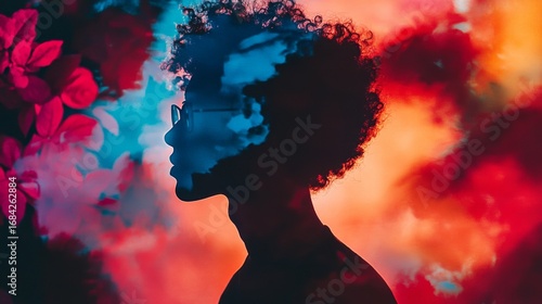 Wallpaper Mural A silhouette of a person with a sky and clouds inside their head against a colorful background. Torontodigital.ca