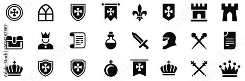 Medieval Fantasy Icon Set – Black Line Icons for Heraldry, Castles, Alchemy, and Royal Warfare