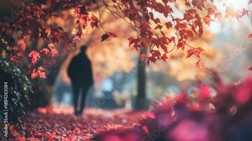 A solitary figure walks through a park covered in fallen autumn leaves, the vibrant red and orange foliage creating a picturesque scene.