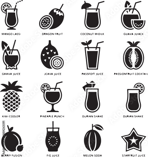 Collection of sixteen black silhouette icons of tropical fruit juices and drinks beverage