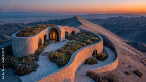 Modern Architecture House on Desert Hill at Sunset with Nature