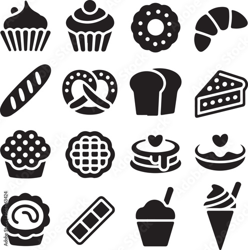 Assortment of sweet baked goods and desserts in silhouette Keywords: cupcake, muffin, donut