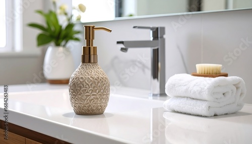 Modern bathroom countertop with amenities