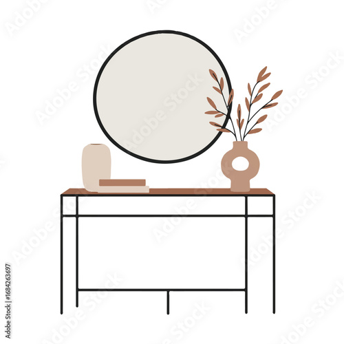 Elegant minimalist entryway featuring a simple console table, circular mirror, and abstract vase, rendered in a 2D flat vector style with crisp clean lines and solid colors.