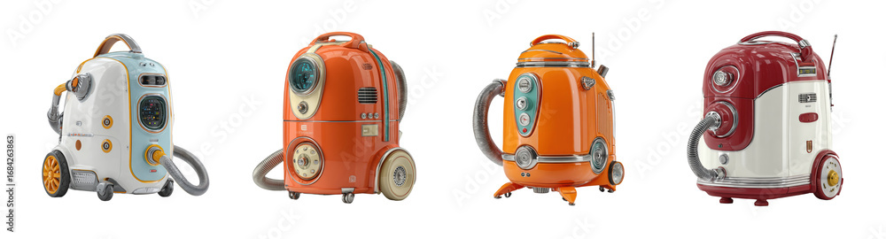 Naklejka premium Retro Futuristic Vacuum Cleaner PNG set Design Collection Isolated on Transparent backround