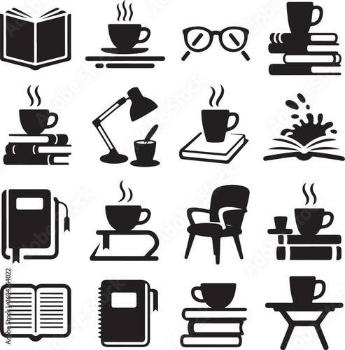 Icons Representing Reading and Coffee Culture Keywords: book, open book, coffee cup, hot drink