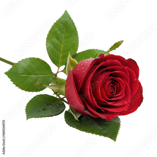 Close-up detailed view of a vibrant red rose with green leaves isolated on a black background transparent background