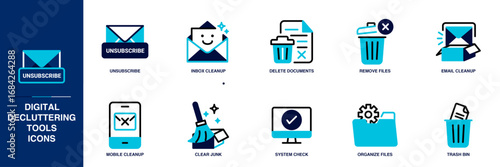 Digital Decluttering Tools Blue Colored Outline Icon Set