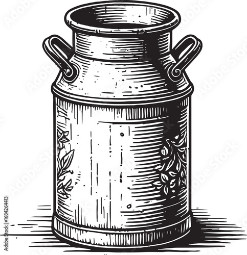 Vintage Milk Can Illustration Vector Graphic Engraved Design for Farm Fresh Products and Nostalgic Themes a Classic Dairy Image