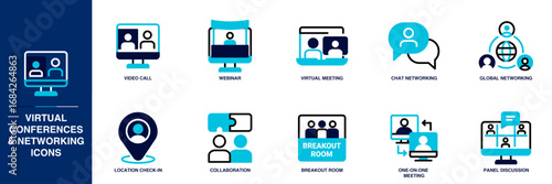 Virtual Conferences & Networking Blue Colored Outline Icon Set