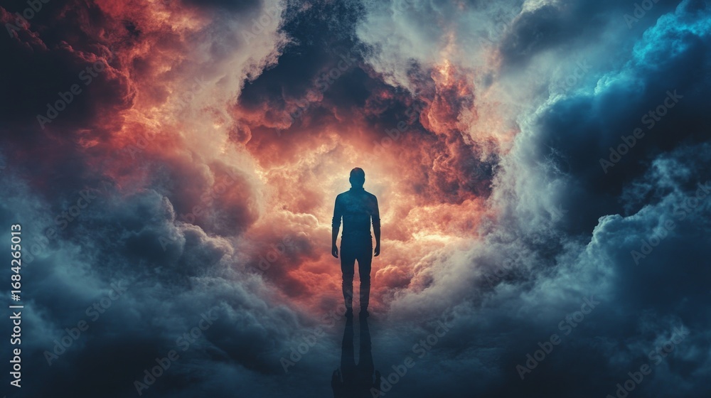 Fototapeta premium A lone figure stands in a dramatic sky, illuminated by a red glow breaking through dark clouds.
