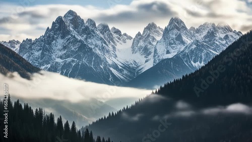 Wallpaper Mural A majestic mountain range with snow-capped peaks pierces through a sea of clouds. Lush evergreen forests frame the foreground. Light cascades through Torontodigital.ca