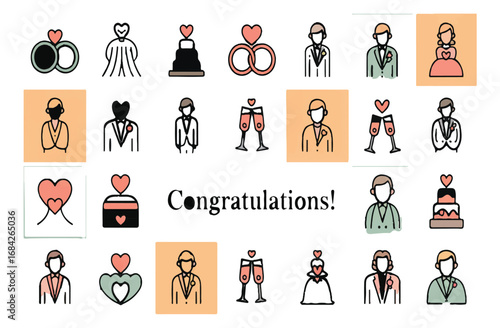Wedding celebration and marriage ceremony colorful vector line icon collection