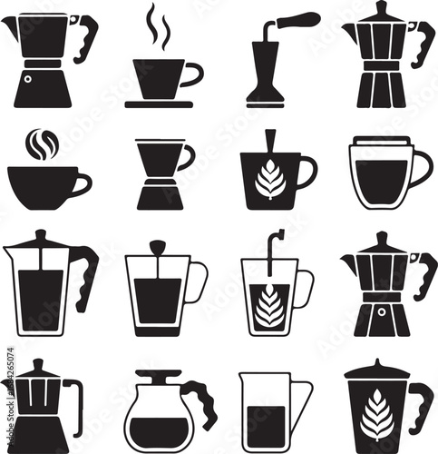 Coffee Making Devices and Hot Beverages Icons Collection Keywords: coffee, espresso, moka pot