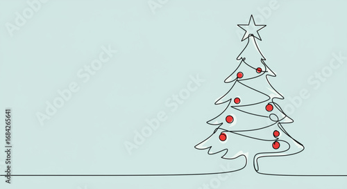 Christmas tree outlined with one continuous line with red decorations on a blue background