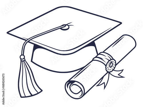 Line art vector of graduation cap and diploma, single solid color with white background