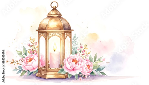 Golden lantern with pink peonies and floral details