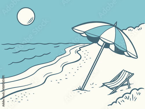 Minimalist summer beach vector illustration, flat design, sun umbrella on sandy beach, ocean waves, bright blue sky, white background