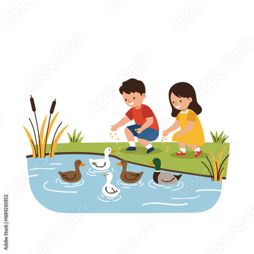 Children feeding ducks in a pond